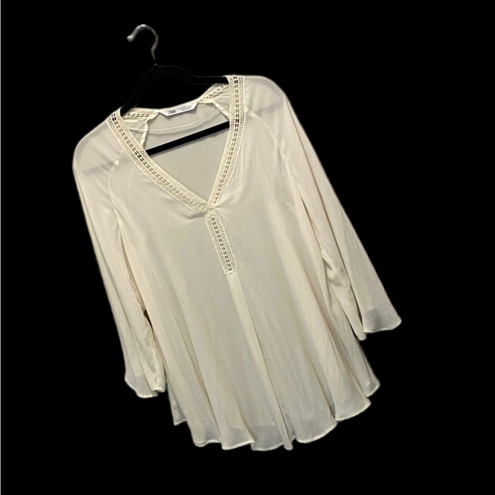 Zara Sheer Ivory Boho Flowy Tunic Boho Top - Size S